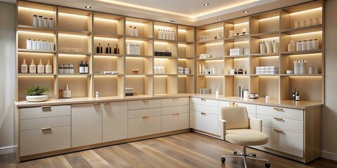 Sleek, modern cosmetology cabinet filled with neatly organized empty shelves and drawers, in a serene, minimalist beauty clinic interior with soft, warm lighting.