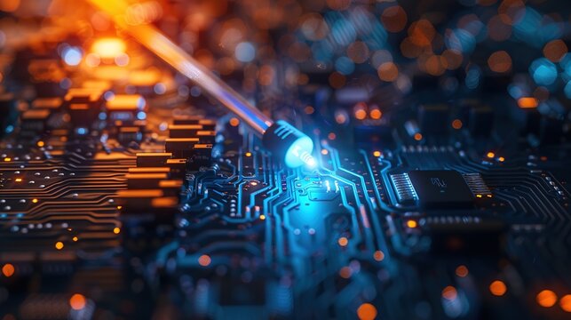 A macro shot of a fiber optic cable emitting bright blue light, surrounded by a dark, tech-themed background.