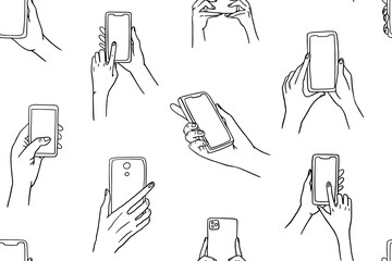 Seamless pattern of phone in hand in doodle style. Office, home office, freelance work, coworking, teaching or studying at home. Working online.