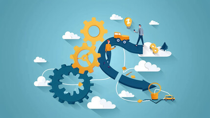 Successful business development plan. Path to success with gears starting from vision and idea to professional achievement. Change management consultant planning growth strategy. Banner.