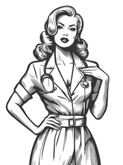 Fototapeta premium retro nurse in a stylish uniform, featuring playful pose that combines professional attire with vintage charm sketch engraving generative ai raster illustration. Black and white image.