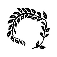 Inky abstract leaves sketch isolated on white. Black silhouette of minimalist doodle floral. Hand drawn botanical illustration