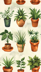 Seamless Tile Floral Pattern with Potted Plants.