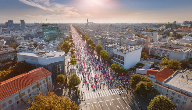 Marathon runners energetically cross through a scenic cityscape, cheered on by enthusiastic spectators, highlighting the community and endurance spirit of the event.