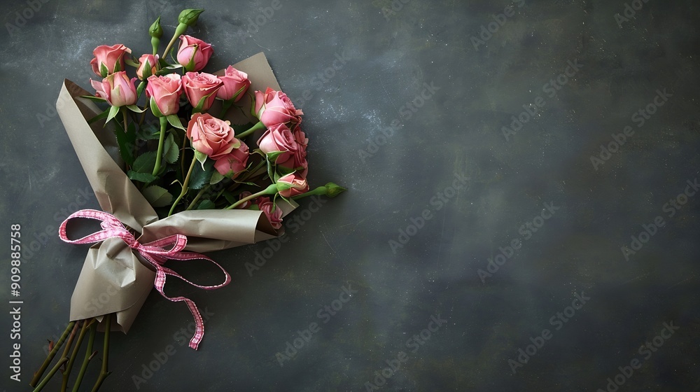 Poster a bouquet of small pink roses in a craft paper package tied with a ribbon with a bow isolated : gene