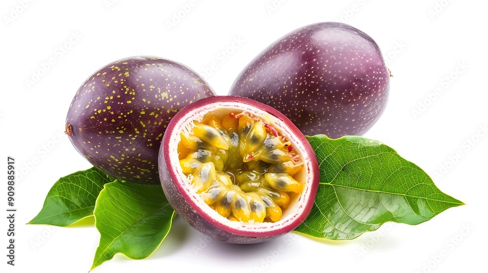 Poster passion fruit isolated with leaf passion maracuya fruit on white background with clipping path as de