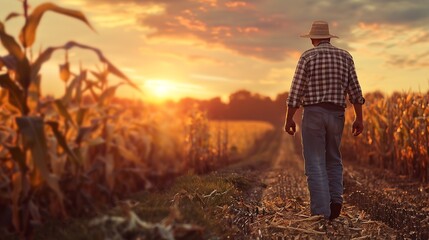 Fototapeta premium Senior farmer walking in corn field at sunset : Generative AI