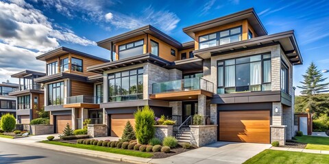 Fototapeta premium Beautiful Home Exterior design of residential fronts that are varied and interesting to look at. Neighborhood new modern houses in Vancouver. Canadian modern residential architecture. Street photo