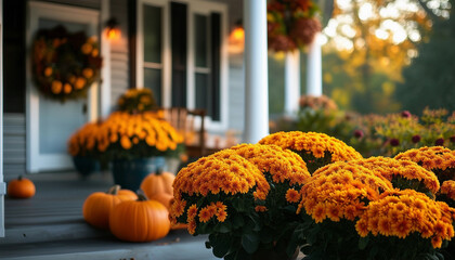 Southern fall porch decorated with mums 