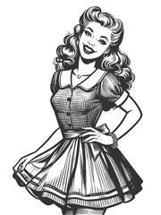 Fototapeta premium smiling pin-up girl in a stylish dress, exuding classic charm and retro elegance sketch engraving generative ai fictional character raster illustration. Scratch board imitation. Black and white image.