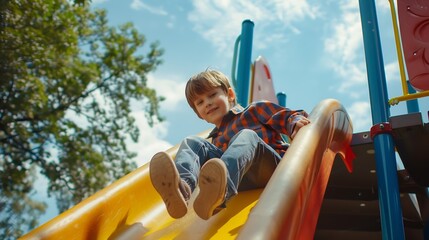 Young boy enjoys a sunny day at the playground sliding down a colorful slide : Generative AI