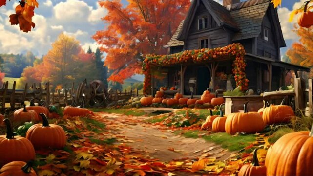 a painting of a farm with pumpkins and other autumn decorations.High quality HD 4K video clips 