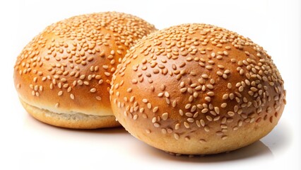 Softly baked sesame seed hamburger buns isolated on a transparent background, perfectly lit to highlight the intricate texture and delicate details of the bread.