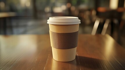 Brown mockup of a coffee cup in a cafe background with space for an inscription.