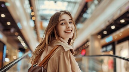 Fototapeta premium Photo of adorable optimistic girl dressed in sstylish clothes handbag going store mall nice weekend pastime alone : Generative AI