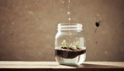 Small Plant Growing in a Glass Jar with Water Droplet Falling.