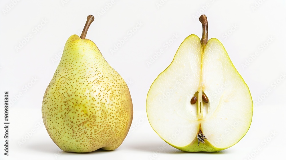 Poster isolated pears one and a half green pear fruit isolated on white background : generative ai