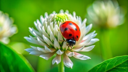Obraz premium Vibrant red ladybug with black spots perches on delicate white clover flower amidst lush green foliage, showcasing natural beauty in detailed macro photography.