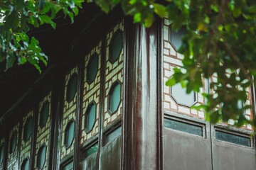 A close-up of a dark wooden building with patterned windows, seen through green leaves.