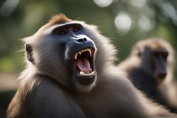 blurred background yawning monkey closeup shot baboon animal wildlife primate mammal africa male teeth mouth nature open species yawn papio lazy