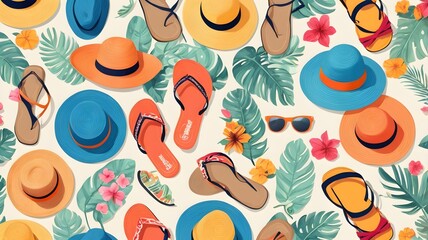 Graphic design with summer fashion motifs, with hats and sandals in bright colors
