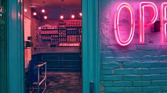 neon sign with "OPEN" text on a green brick wall