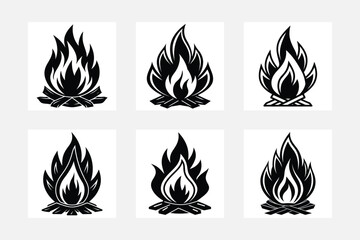 Artistic fire flame silhouette white background artwork set for decor
