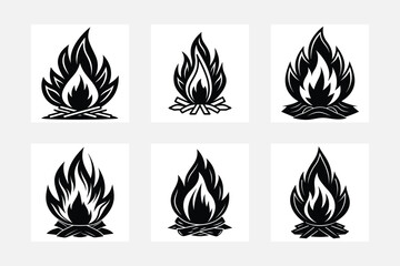 Fire flame silhouette white background artwork set for creative projects





