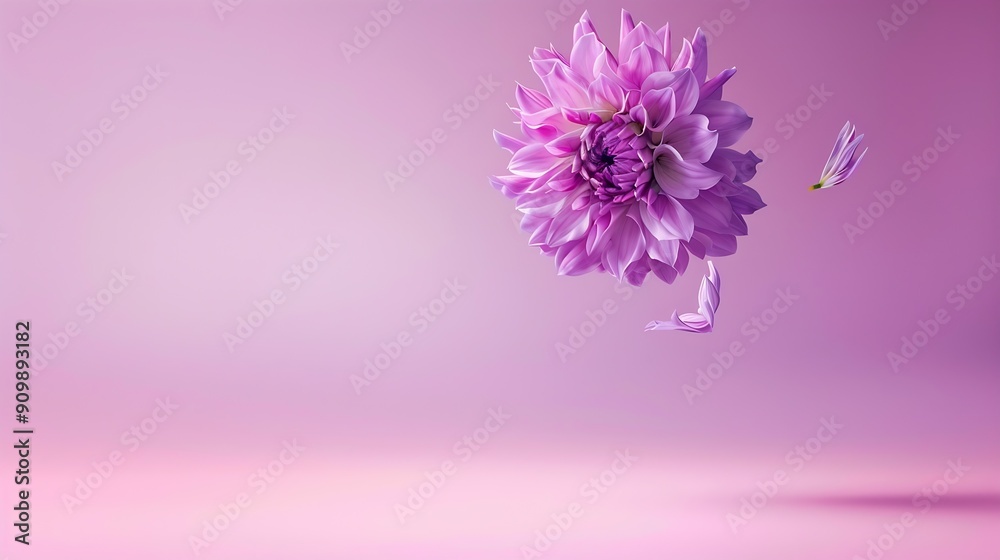 Poster beautiful fresh purple dahlia flower falling in the air isolated on pink background levitation or ze