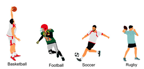 Set of ball sport discipline players with ball vector illustration isolated. Sports man in attractive move pose hit the ball. Sportsman action. Basketball Football Soccer Rugby. Athlete man movement. 
