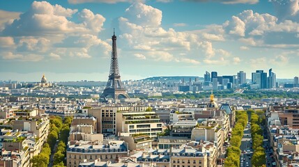 Cityscape of Paris with Eiffel Tower at sunny day France : Generative AI