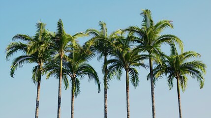 a group of areca palm trees against a blue sky background : Generative AI