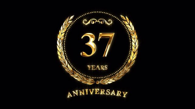 37th Anniversary Celebration. Happy 37 Years Anniversary Animation in Gold Color on the Transparent Background, Alpha Channel. Great for greetings, celebrations, events, and gifts.