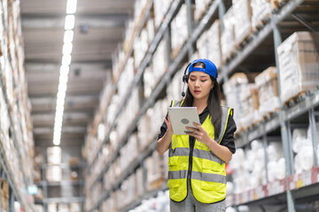 Female engineer is handling shipping and checking stock inventory in the warehouse with a tablet, industry, import-export, inventory management, logistics, global transportation at warehouse, business