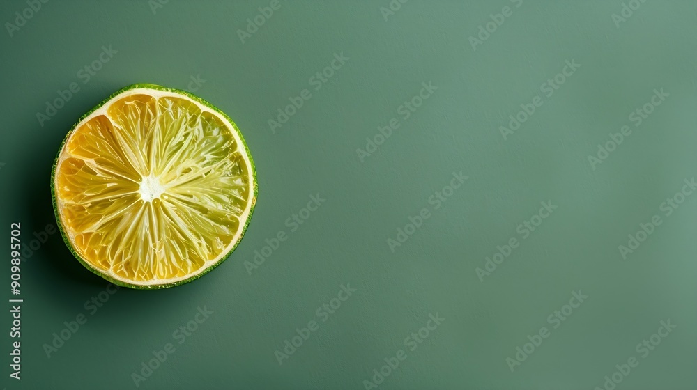 Poster Slice of fresh lime and dehydrated one on green background Top view : Generative AI