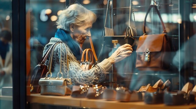 In company of elderly mother girl buyer examines showcase with handbags and selects product that will successfully complement chosen model of moccasins Picture was taken through glass : Generative AI