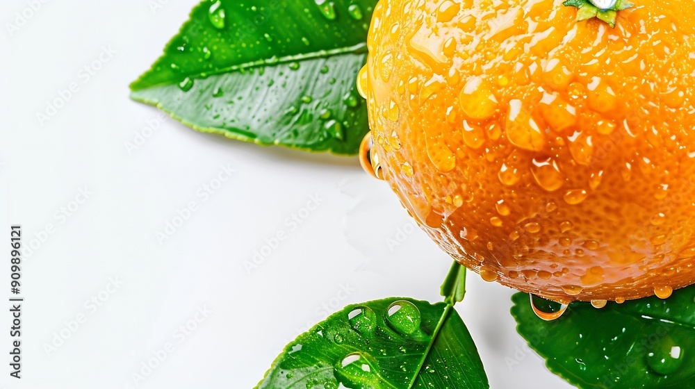 Poster orange fruit isolate orange citrus with drops on white background whole wet orange fruit with leaves