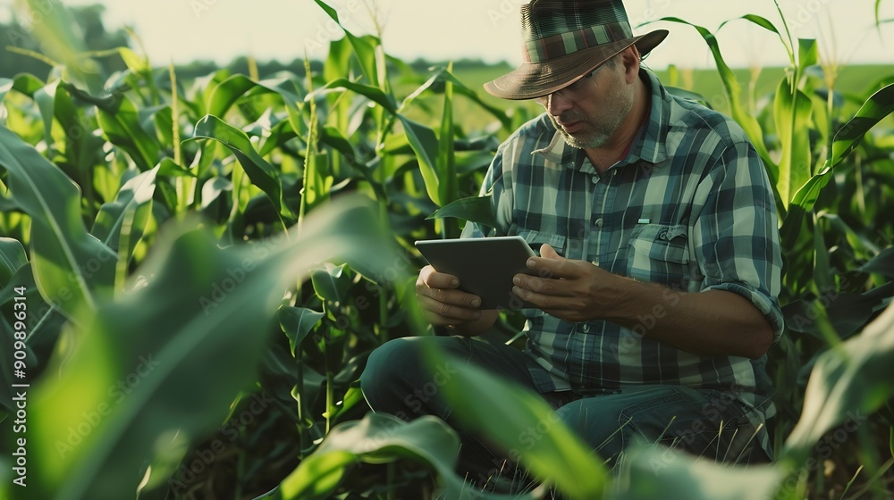 Poster farmer man in corn field works with computer business farm agriculture concept farmer with computer 