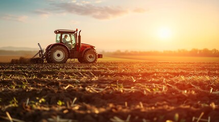 Fototapeta premium Farmer in tractor working on field at sunset : Generative AI