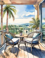 Obraz premium Watercolor balcony view with chairs overlooking mountains