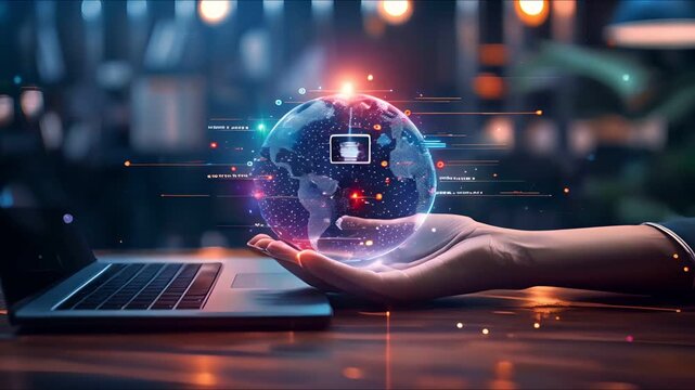 A hand holding a glowing digital globe above a laptop, representing global connectivity and technological advancement.