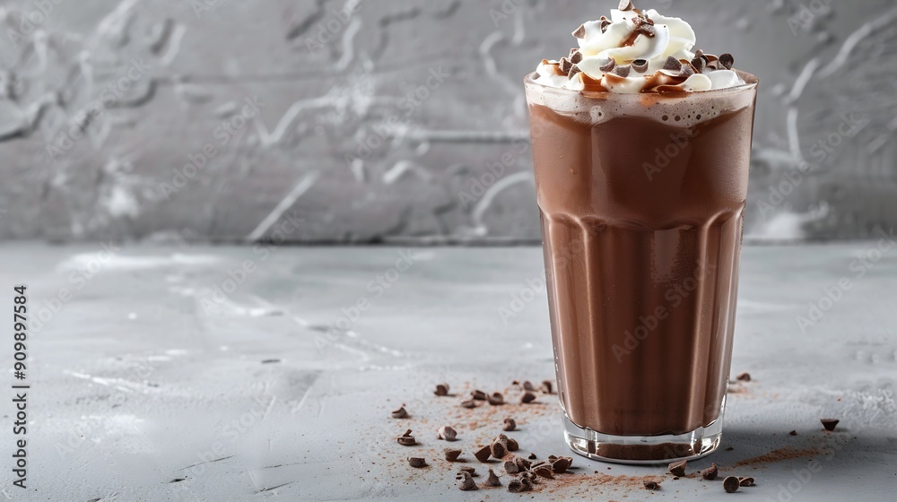 Poster chocolate milkshake with whipped cream served in glass on the light gray table : generative ai