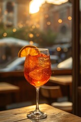 A glass of wine with an orange slice in it sits on a wooden table. The glass is half full and the orange slice is visible on the side. The scene is set in a restaurant or bar