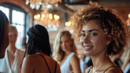 Multiple ethnically diverse professional women socializing at a networking event, happy, classy, simple. Generative AI.