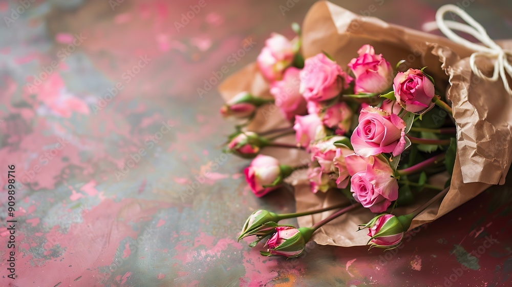 Poster a bouquet of small pink roses in a craft paper package tied with a ribbon with a bow isolated : gene