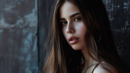 Fototapeta premium Fashionable young model woman with long healthy dark straight smooth hair and makeup studio beauty portrait : Generative AI