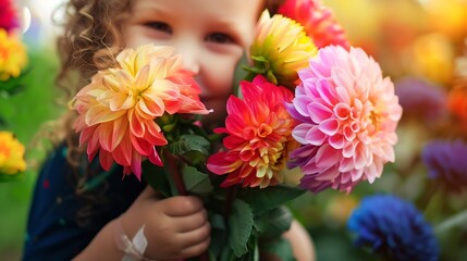 Naklejka premium Close up of little preschool girl with dahlia flower bouquet Closeup of happy child holding colorful garden summer flowers for mothers day or birthday Closeup of flowers in rainbow col : Generative AI