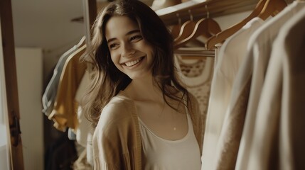 Fototapeta premium Smiling brunette beautiful woman choosing clothes neutral cotton beige textile on rack Happy female choose clothing fashion preparation at cosiness domestic interior Wardrobe storage : Generative AI