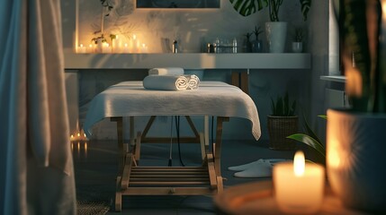 Wellness relax and a massage table on an empty spa background for luxury wellness or treatment Health zen and hospitality with candles for peace or aromatherapy a room of a modern beau : Generative AI