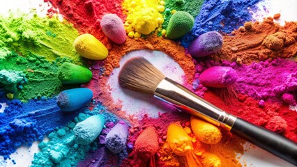 Fototapeta premium Vibrant colored powders swirling around a makeup brush, surrounded by bright eye shadow palettes, against a white background, capturing the essence of Holi festival.